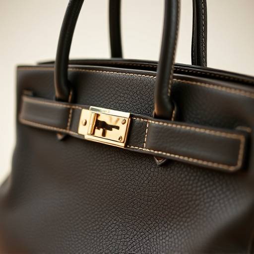 Gros plan du sac √† main Herm√®s, mettant en valeur le logo et les d√©tails luxueux.