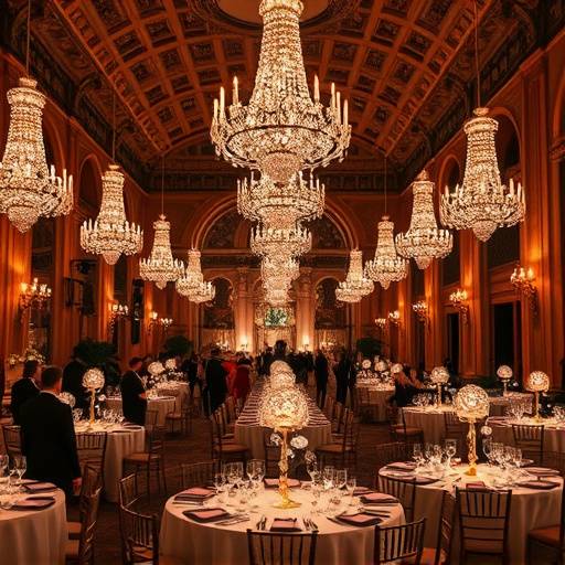 Intérieur de l'Hôtel de Crillon à Paris, décoré avec élégance pour la soirée de gala, avec des tables dressées et des lustres scintillants.