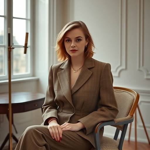 L√©a Seydoux posant √©l√©gamment pour une s√©ance photo dans un studio parisien, portant une tenue Herm√®s.