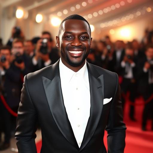 Omar Sy souriant sur le tapis rouge de sa soirée de gala caritative à Paris, entouré de photographes et de projecteurs.