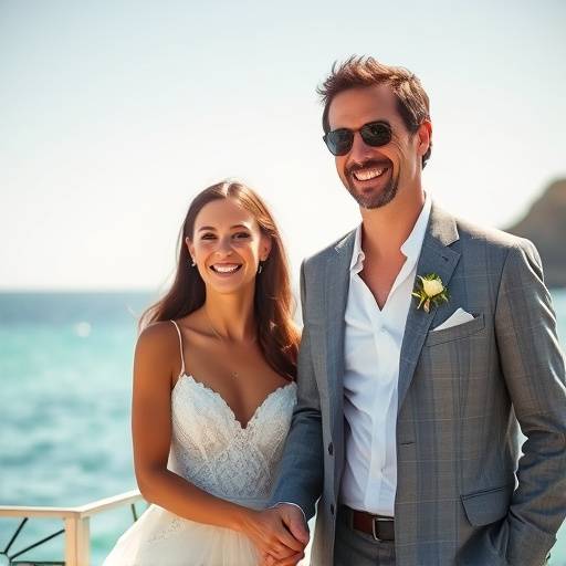 Sophie Marceau et Pierre Richard, souriant et se tenant la main à Saint-Tropez, lors de leur mariage secret.