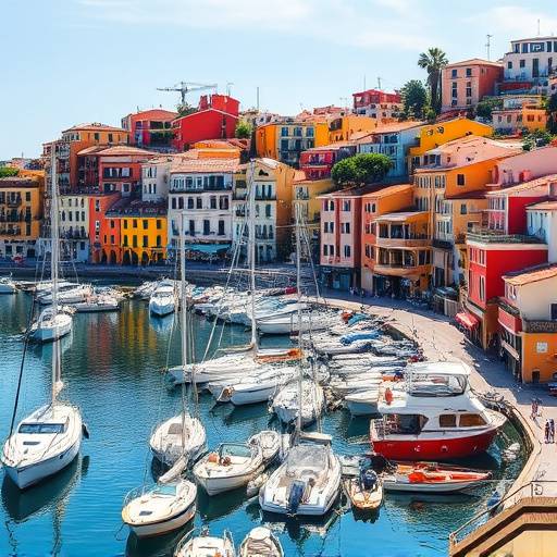 Vue de Saint-Tropez, avec ses maisons colorées et le port rempli de bateaux.